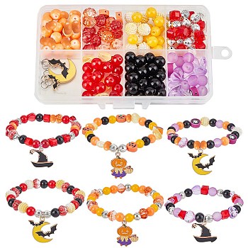 DIY Halloween Bracelet Making Kit, Including Imitation Pearl & Cube & Pumpkin & Heart & Ghost Alloy & Glass & Polymer Clay Beads, Bat & Witch Hat Alloy Enamel Pendants, Mixed Color, 195Pcs/box