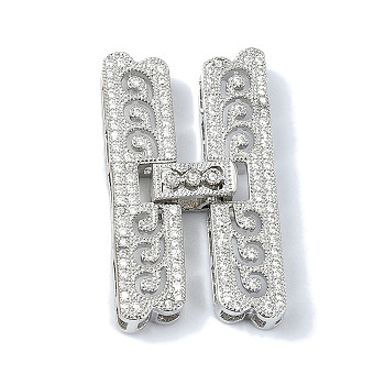 Rack Plating Brass Micro Pave Clear Cubic Zirconia Fold Over Clasps, Long-Lasting Plated, Lead Free & Cadmium Free, Letter H, Platinum, 33.5x8x4.3mm, Hole: 3.2x3.5mm