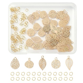 50Pcs Rack Plating Brass Filigree Charms, Long-Lasting Plated, with 100Pcs 304 Stainless Steel Jump Rings, Leaf/Flat Round, Light Gold, 12.5x6.5x0.4mm, Hole: 1mm