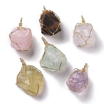 Copper Wire Wrapped Natural Raw Gemstone Pendants, Nuggets Charms, 36~52.5x20~34x15~33mm, Hole: 5.5~6x4~5mm
