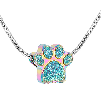 Paw Print Urn Ashes Necklace, 304 Stainless Steel Pendant Necklace with Round Snake Chains, Rainbow Color, 21.69 inch(55.1cm)