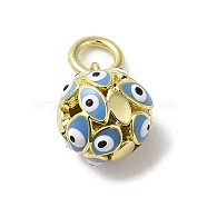 Brass Enamel Charms, with Jump Ring, Real 18K Gold Plated, Round with Evil Eye Charm, Light Sky Blue, 12.5x10mm, Hole: 3.6mm(KK-E092-12G-02)