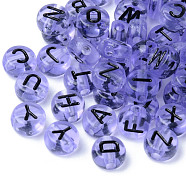 Transparent Acrylic Beads, Horizontal Hole, Flat Round with Random Letters, Lilac, 7x3.5mm, Hole: 1.8mm, about 3600~3700pcs/500g(TACR-S150-03A-04)