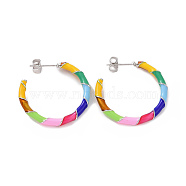 Colorful Enamel Ring Stud Earrings, Brass Half Hoop Earrings for Women, Platinum, 28.5x30.5x3.5mm, Pin: 0.8mm(EJEW-P225-03P)