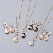 Natural Baroque Pearl Keshi Pearl, Cultured Freshwater Pearl Jewelry Sets, Pendant Necklaces and Dangle Earrings, with Brass Cable Chains and Earring Hooks, Teardrop, Real 18K Gold Plated, Cardboard Box, Mixed Color, 15.9 inch (40.5cm), 32mm, Pin: 0.8mm, 3pcs/set(SJEW-JS01058)