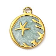 Titanium Steel Pendant, with Enamel, Golden, Flat Round with Star Charm, 19x15x2mm, Hole: 2mm(STAS-K266-01A-G)