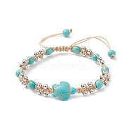 Synthetic Turquoise(Dyed) Tortoise & Brass Round Braided Bead Bracelet, Gemstone Jewelry for Women, Dark Turquoise(Dyed), Inner Diameter: 2-1/8~3-1/8 inch(5.3~8cm)(BJEW-TA00189-01)