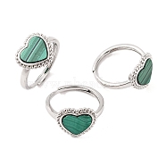 Heart Natural Malachite Adjustable Rings, Brass Ring for Women, Long-Lasting Plated, Lead Free & Cadmium Free, Platinum, Inner Diameter: 18mm(RJEW-Q817-05P-03)