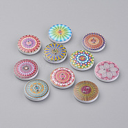 2-Hole Printed Wooden Buttons, Dyed, Flat Round with Pattern, Mixed Color, 20x4.5mm, Hole: 1.5mm(WOOD-S037-016)
