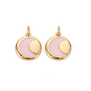 Brass Enamel Pendants, Nickel Free, Real 18K Gold Plated, Flat Round with Moon, Misty Rose, 16x13.5x2mm, Hole: 3mm(KK-S356-588F-NF)