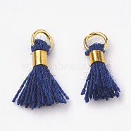 Polycotton(Polyester Cotton) Tassel Pendant Decorations, Mini Tassel, with Brass Findings, Golden, Midnight Blue, 10~15x3~4mm, Hole: 2mm(FIND-S275-11G)