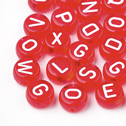 Transparent Acrylic Beads, Horizontal Hole, Mixed Letters, Flat Round, Red, 7x4mm, Hole: 1.5mm, about 370pcs/50g(X-TACR-N002-04K)