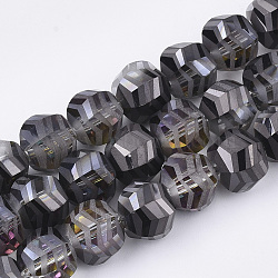 Electroplate Glass Beads Strands, Half Plated, Frosted, Faceted, Round, Black, 9x10x8.5mm, Hole: 1.5mm, about 70pcs/strand, 24.4 inch(EGLA-T018-01-A01)