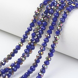 Electroplate Opaque Glass Beads Strands, Half Rose Gold Plated, Faceted, Rondelle, Blue, 8x6mm, Hole: 1mm, about 65~68pcs/strand, 15.7~16.1 inch(40~41cm)(EGLA-A034-P8mm-R04)