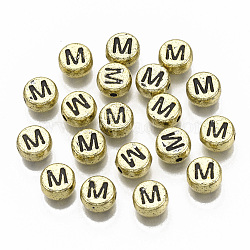Plating Acrylic Beads, Horizontal Hole, Flat Round with Letter, Golden Plated, Black, Letter.M, 7x4mm, Hole: 1.2mm.(X-PACR-CD0001-M)