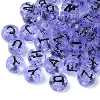 Transparent Acrylic Beads, Horizontal Hole, Flat Round with Random Letters, Lilac, 7x3.5mm, Hole: 1.8mm, about 3600~3700pcs/500g