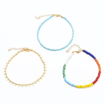 Glass Seed Beads Anklets and Brass Curb Chains Anklets, with Star Charms and 304 Stainless Steel Lobster Claw Clasps, Golden, Mixed Color, 9~9-5/8 inch(23~24.5cm), 3pcs/set