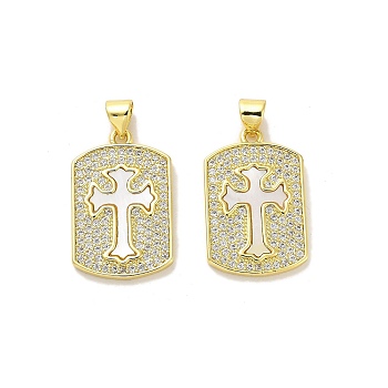 Brass Micro Pave Cubic Zirconia Pendants, with Shell, Real 18K Gold Plated, Oval, 24x15.5x2.5mm, Hole: 4.5x3.5mm
