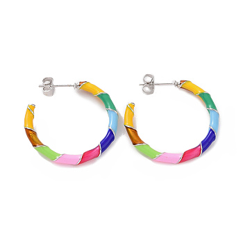 Colorful Enamel Ring Stud Earrings, Brass Half Hoop Earrings for Women, Platinum, 28.5x30.5x3.5mm, Pin: 0.8mm