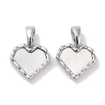 Brass Pave Natural Shell Heart Charms, Platinum, 11.5x12x2.5mm, Hole: 4x2.5mm