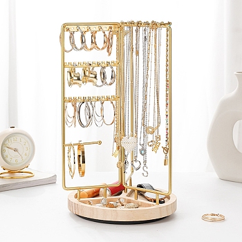 Rotatable Iron Jewelry Display Rack, with Wooden Jewelry Tray, For Hanging Necklaces Earrings Bracelets, Golden, 22.6x35cm