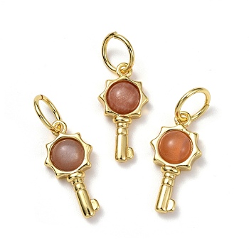 Natural Sunstone Pendants, with Golden Brass Findings, Key, 20x10x4mm, Hole: 6.2mm