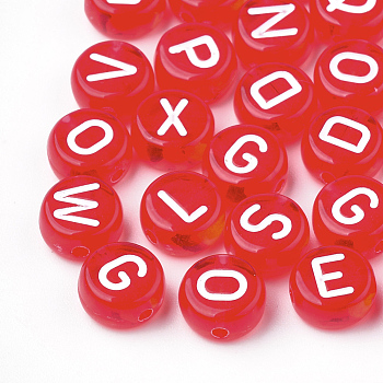 Transparent Acrylic Beads, Horizontal Hole, Mixed Letters, Flat Round, Red, 7x4mm, Hole: 1.5mm, about 370pcs/50g