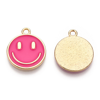 Light Gold Tone Alloy Enamel Pendants, Flat Round with Smiling Face Charms, Deep Pink, 19x16x1.5mm, Hole: 1.8mm