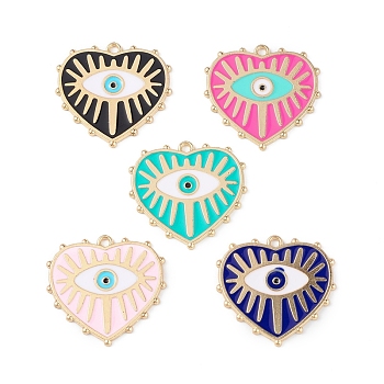 Rack Plating Alloy Enamel Pendants, Golden, Heart with Evil Eye Charm, Mixed Color, 27x28x1.4mm, Hole: 2mm