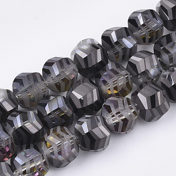 Electroplate Glass Beads Strands, Half Plated, Frosted, Faceted, Round, Black, 9x10x8.5mm, Hole: 1.5mm, about 70pcs/strand, 24.4 inch