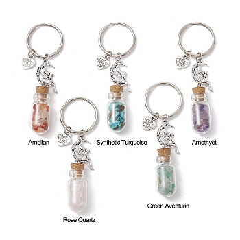 5Pcs 5 Styles Glass Wishing Bottle Pendant Keychains, with Gemstone Chip Beads inside and Iron Split Key Rings, 8.1cm, 1pc/style