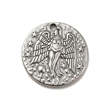 304 Stainless Steel Pendants, Flat Round with Star & Angel, Stainless Steel Color, 20x3mm, Hole: 1.8mm