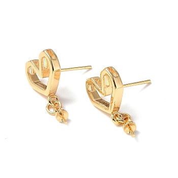 Brass Stud Earring Findings, with Cup Peg Bails and 925 Sterling Silver Pins, Heart, Real 18K Gold Plated, 20x10mm, Pin: 0.8mm