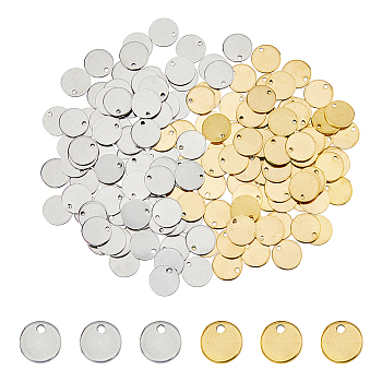 160Pcs 2 Colors 201 Stainless Steel Stamping Blank Tag Pendants, Flat Round, Golden & Stainless Steel Color, 10x1mm, Hole: 1.2mm, 80pcs/color