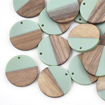 Resin & Wood Pendants, Flat Round, Turquoise, 28.5x3.5~4mm, Hole: 1.5mm