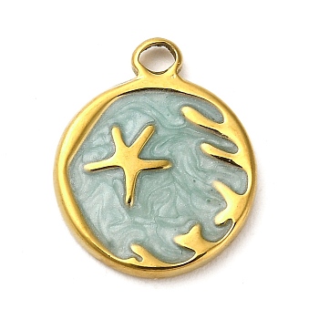 Titanium Steel Pendant, with Enamel, Golden, Flat Round with Star Charm, 19x15x2mm, Hole: 2mm