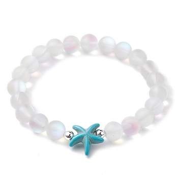 Beach Starfish Dyed Synthetic Turquoise Bead Bracelets, 8mm Round Synthetic Moonstone Beaded Stretch Bracelets for Women Men, Turquoise Color, Inner Diameter: 2-1/8 inch(5.5cm), 8mm