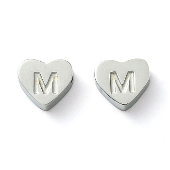 316 Surgical Stainless Steel Beads, Love Heart with Letter Bead, Stainless Steel Color, Letter M, 5.5x6.5x2.5mm, Hole: 1.4mm