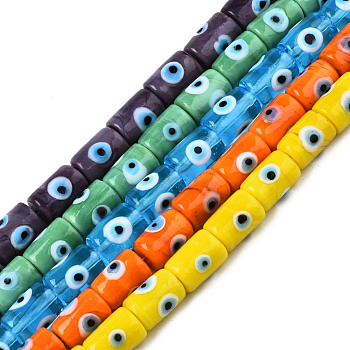 Handmade Evil Eye Lampwork Beads, Column, Mixed Color, 14x10mm, Hole: 1.2mm, about 25pcs/strand, 13.98 inch(35.5cm)