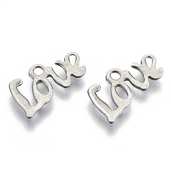 Valentine's Day 201 Stainless Steel Charms, Laser Cut, Word Love, Stainless Steel Color, 6.5x13x0.8mm, Hole: 1.4mm