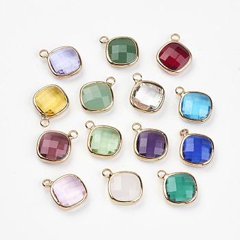Glass Charms, with Brass Findings, Faceted, Rhombus, Golden, Mixed Color, 14.5x11.5x4mm, Hole: 1.5mm