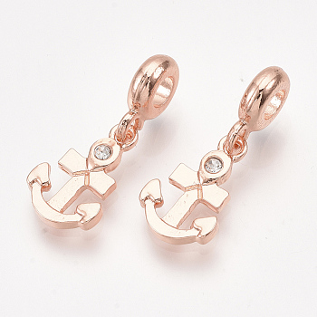 Alloy European Dangle Charms, with Rhinestone, Large Hole Pendants, Anchor, Crystal, Rose Gold, 27mm, Hole: 4mm