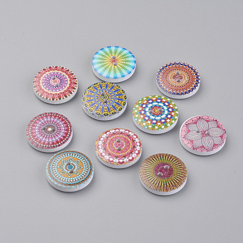 2-Hole Printed Wooden Buttons, Dyed, Flat Round with Pattern, Mixed Color, 20x4.5mm, Hole: 1.5mm
