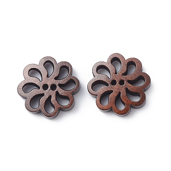 Carved Buttons in Flower Shape, Wooden Buttons, Coffee, 19mm long, 19mm wide 4.5mm thick hole: 1mm,