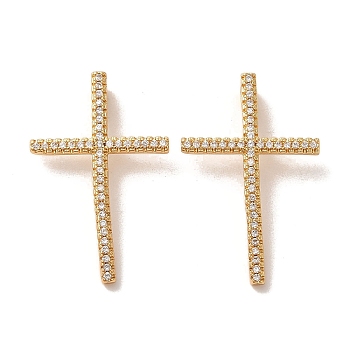 Brass Micro Pave Cubic Zirconia Pendants, Lead Free & Cadmium Free, Long-Lasting Plated, Cross, Clear, Golden, 28x18x2mm, Hole: 1.5mm