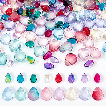 AHADERMAKER 160Pcs 16 Style Transparent Spray Painted Glass Beads, Top Drilled, with Glitter Powder, Teardrop, Mixed Color, 9~12.5x6~10.5x5~5.5mm, Hole: 0.9~1mm, 10Pcs/style