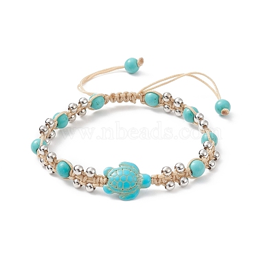 Synthetic Turquoise Tortoise & Brass Round Braided Bead Bracelet(BJEW-TA00189-01)-1