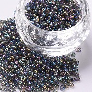 Round Glass Seed Beads, Transparent Colours Rainbow, Round, Dark Gray, 2mm(SEED-A007-2mm-172)