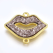 Electroplate Druzy Resin Links connectors, with Brass Findings, Lip, Golden, Rosy Brown, 16.5x20.5x3.5mm, Hole: 1.2mm(RESI-S363-01I)