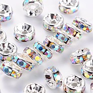 Brass Rhinestone Spacer Beads, Grade AAA, Straight Flange, Nickel Free, Silver Color Plated, Rondelle, Crystal AB, 6x3mm, Hole: 1mm(RB-A014-Z6mm-28S-NF)